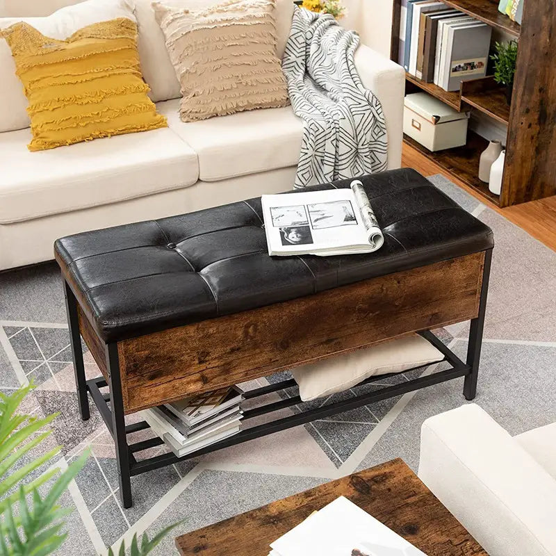 HURTEL Industrial Solid Wood Shoe Bench