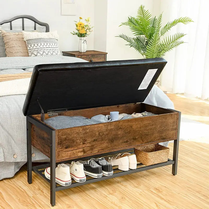 HURTEL Industrial Solid Wood Shoe Bench