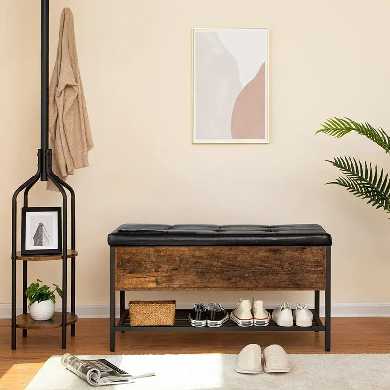 HURTEL Industrial Solid Wood Shoe Bench