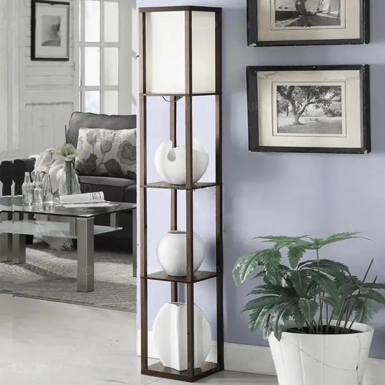 DEWOOD Oriental Wooden Standing Lamp with Display Shelves