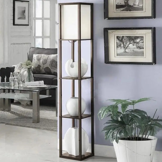 DEWOOD Oriental Wooden Standing Lamp with Display Shelves