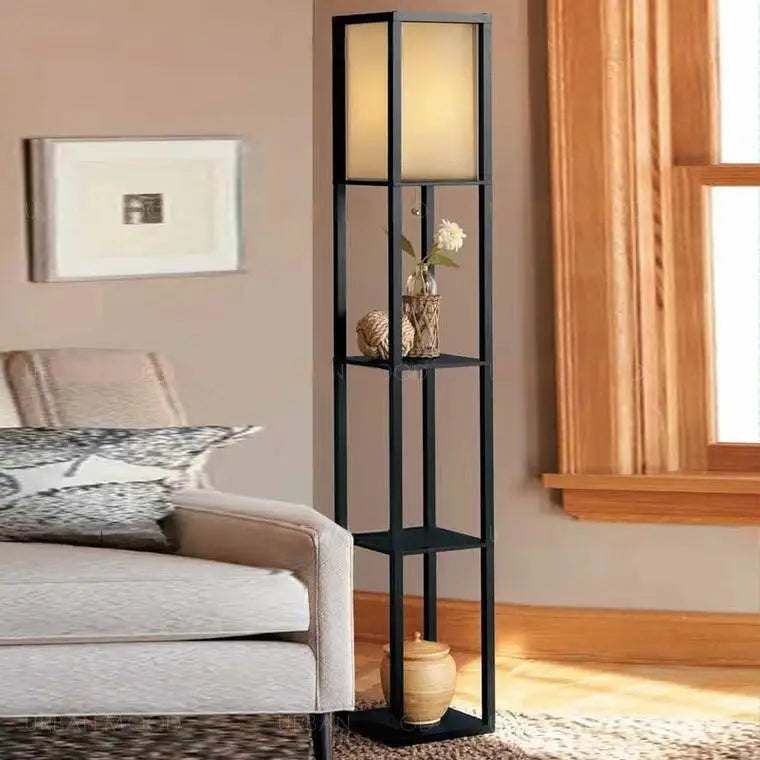 DEWOOD Oriental Wooden Standing Lamp with Display Shelves