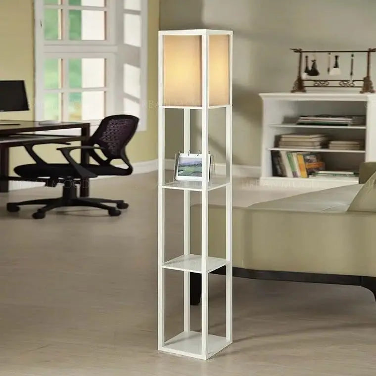 DEWOOD Oriental Wooden Standing Lamp with Display Shelves