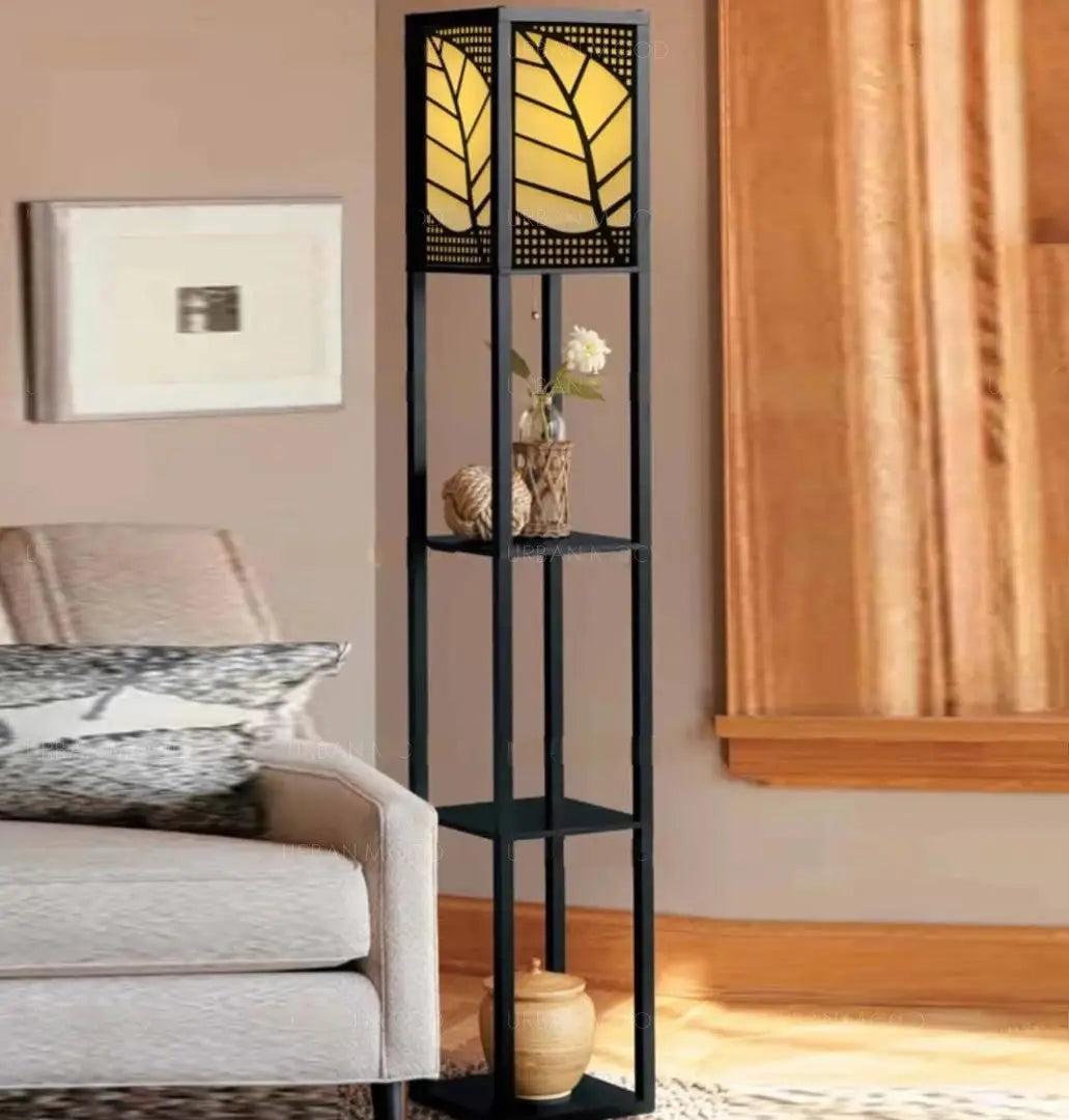 DEWOOD Oriental Wooden Standing Lamp with Display Shelves