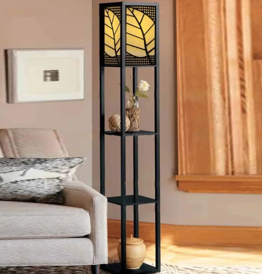 DEWOOD Oriental Wooden Standing Lamp with Display Shelves