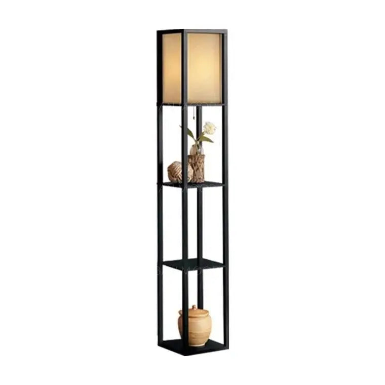 DEWOOD Oriental Wooden Standing Lamp with Display Shelves
