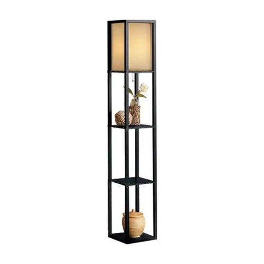 DEWOOD Oriental Wooden Standing Lamp with Display Shelves