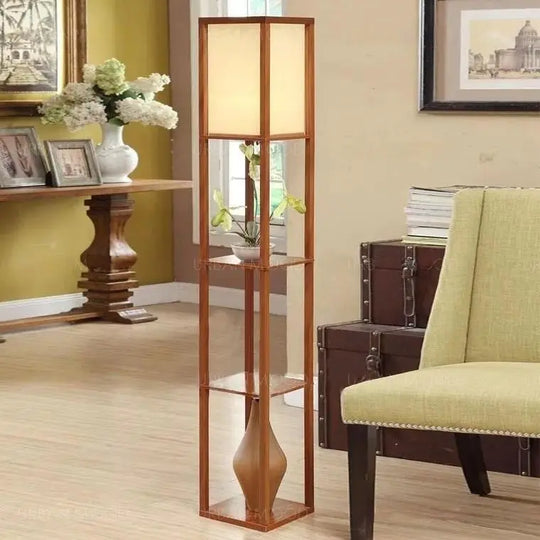 DEWOOD Oriental Wooden Standing Lamp with Display Shelves